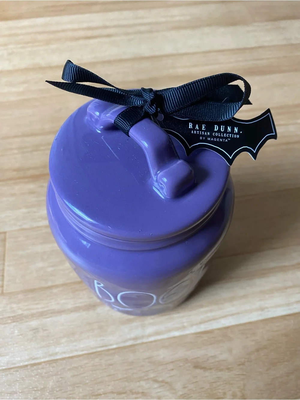 2024 Rae Dunn BOO baby ceramic Halloween canister featuring white bat and stars
